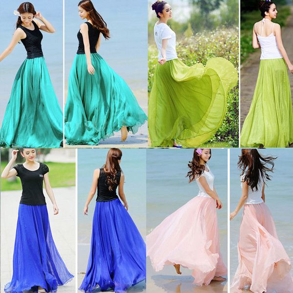 

womens boho double layer chiffon long maxi skirt beach casual summer ladies solid color skirt, Black