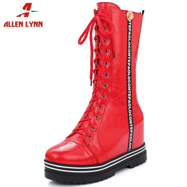 

allen ins female 2020 winter metallic shoes woman round toe increasing height boots women platform lace up boots, Black