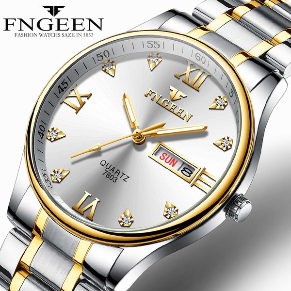 

luxury fngeen men watch stainless steel diamond mens quartz watch clock analog display date week wristwatches relogio masculino, Slivery;brown