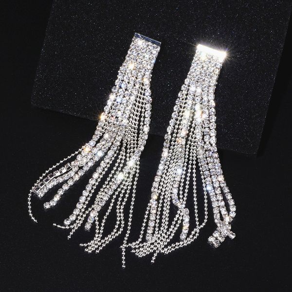 

new bridal long silver color tassel dangle earrings sparkling rhinestone crystal wedding jewelry for women accessory gift jz003