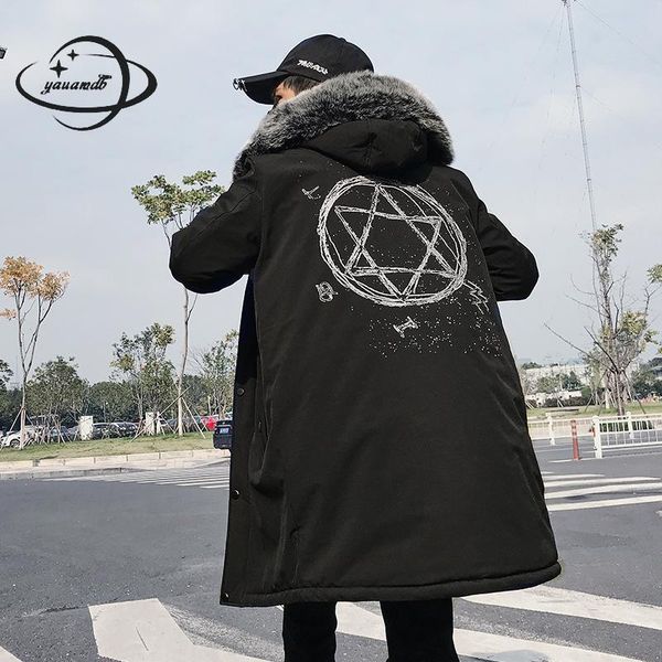 

mens parkas jacket winter male coats clothing hooded zipper thick print fur collar loose windproof man outerwear clothes h125, Black