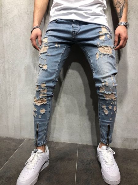 

рваные проблемные джинсы 2018 мужская одежда молния карандаш брюки тощая одежда осень весна брюки, Blue
