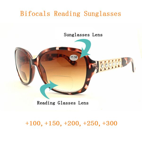 

women bifocals reading glasses magnifier female look near far gradient lens presbyopic sunglasses big frame diamond hollow legs, White;black