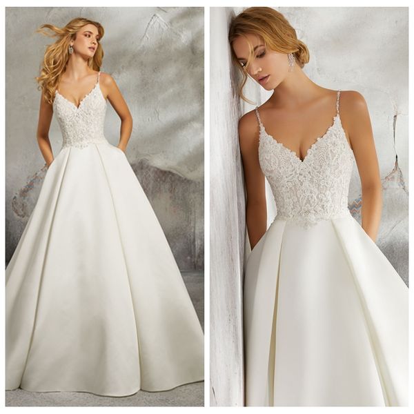 

спагетти sexy свадебные платья с скользящим шлейфом chic белые платья свадебные с кружевом верхней и нижней атласная бисером богемского свад, White