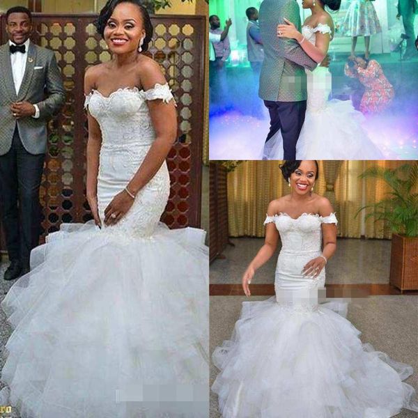 

africa off the shoulder mermaid wedding dresses lace applique ruffles chapel train tulle lace up custom made bridal gowns country style, White