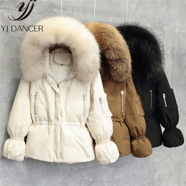 

women 2018 winter new jackets white duck down large natural raccoon fur hooded parkas slim warm female coat snow outwear yzh544, Black