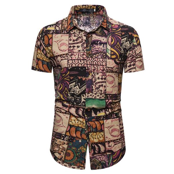 

men beach printed shirt loose breathable ethnic style short sleeve casual chemise summer hawaiian shirts camisa masculina, White;black