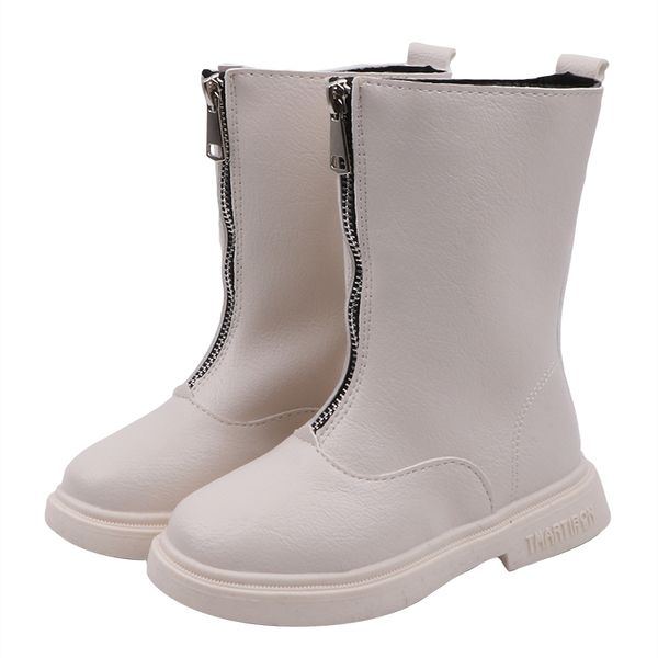 

2020 autumn winter kids pu leather knee-high shoes warm zipper white boots fur ball girls middle calf boots, Black;grey