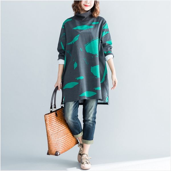 

2019 comfortable large size women's t- high collar t-shirt medium and long stretch knitted shirt top, White