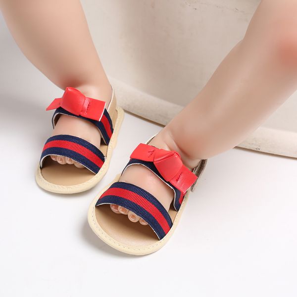 

2019 newborn baby girls sandals bowknot soft sofe shoes summer infant baby girl pu anti-slip sandals striped shoes 0-18months, Black;red
