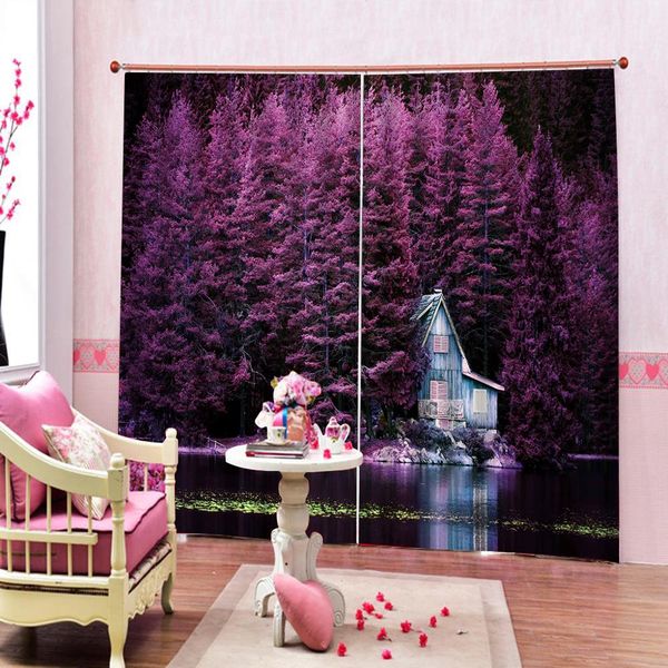 

3d curtain p purple trees by lake with blue wooden rustic lakehouse lodge romantic spring nature fabric blackout curtains