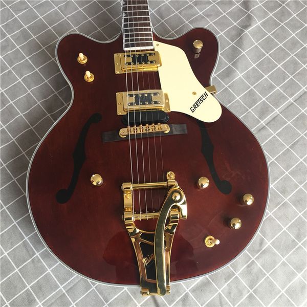 Custom-Shop. F-Hohlkörper-Jazz-E-Gitarre, goldene Hardware. Rote Gitarre, Vibrato-System-Gitarre