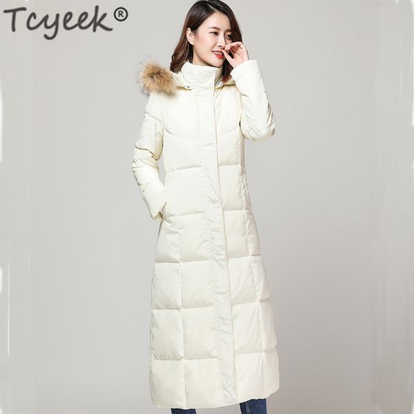 

tcyeek winter female jacket with raccoon fur hooded 90% duck down coat women clothes 2019 korean warm x-long coat hiver lw1398, Black