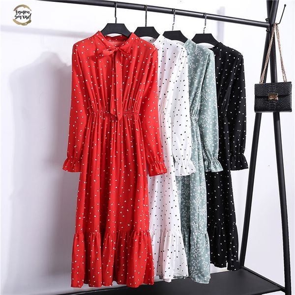 

2019 spring autumn women's chiffon dresses stand neck with bow floral print ruffles vestido long sleeve elegant cute dress s-xl, Black;gray