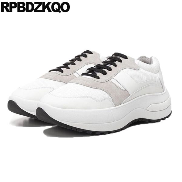 

comfortable breathable women sneakers white muffin creepers platform shoes thick sole genuine leather lace up trainers elevator, Black