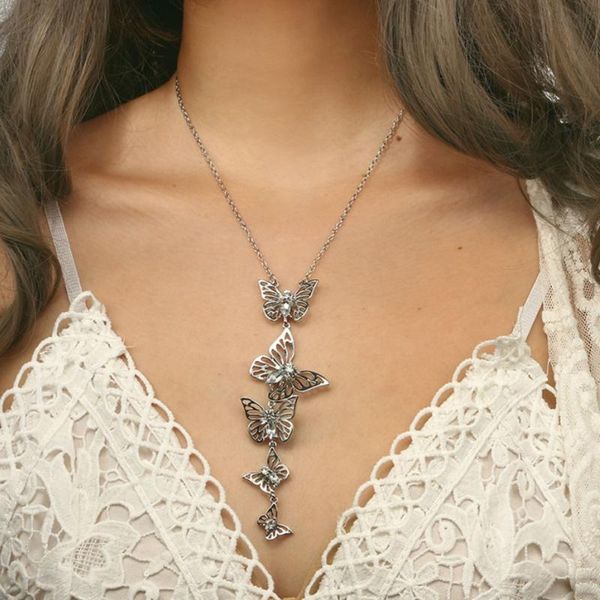 

retro fashion personality size butterfly hollow alloy necklace pendant long neck chain, Silver