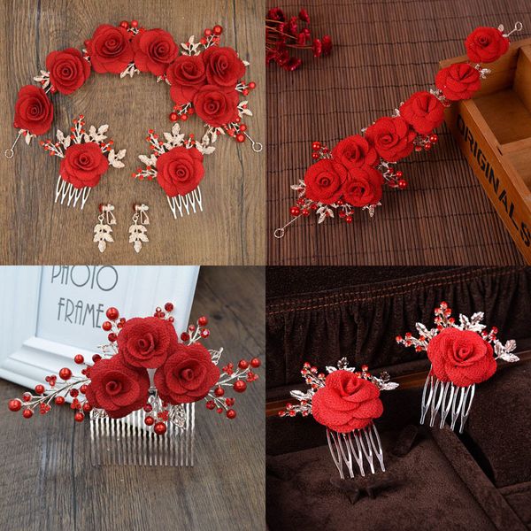 

gorgeous red yarn flower headband crown tiara princess gold color hairband hair comb bridal wedding party women headpieces, White;golden