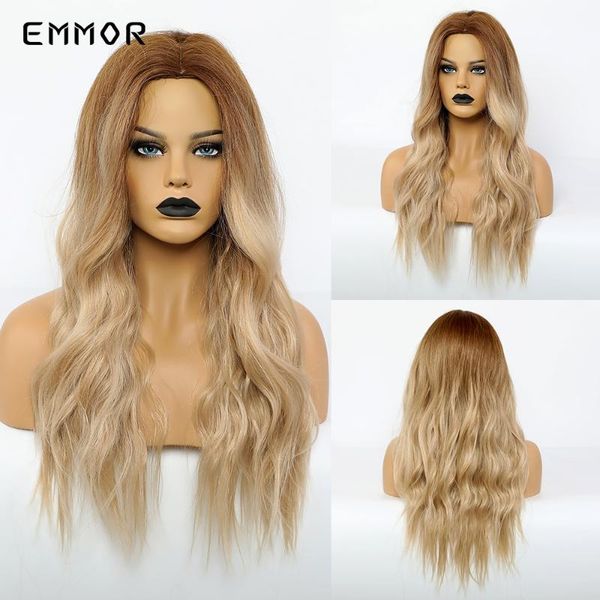 

synthetic wigs emmor long amber root ombre golden blonde wavy with bangs high temperature fluffy daily hair wig for women, Black