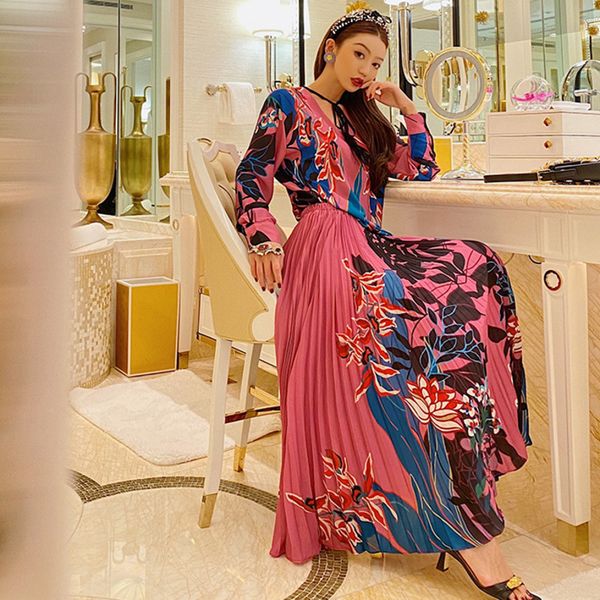 

ewq] 2020 spring autumn new contrast printing lace-up long sleeve fashion trend ladies shirt high waist pleated skirt qz82211, White