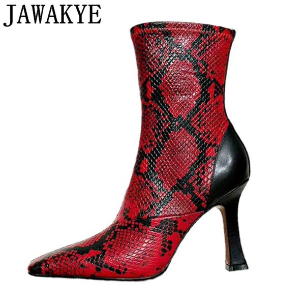 

snake skin ankle boots for women high heels square toe runway 2018 autumn red yellow short botas mujer mid calf boots lady, Black