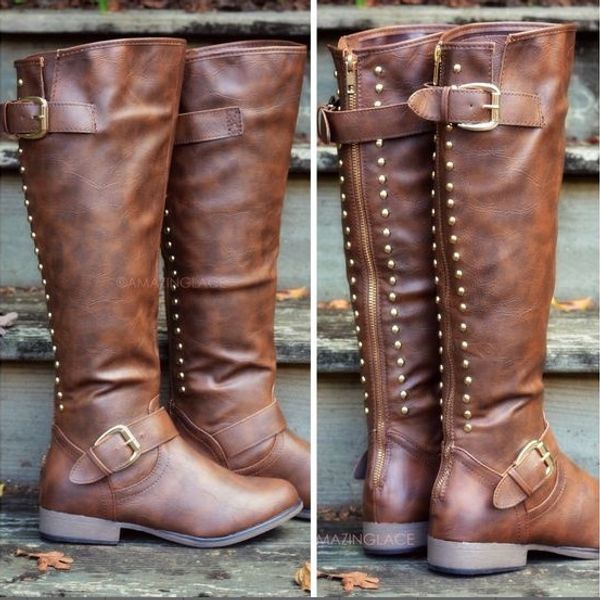 

solid buckle women cowboy boots round toe low gothic long boots mid-calf square heel winter shoes, Black