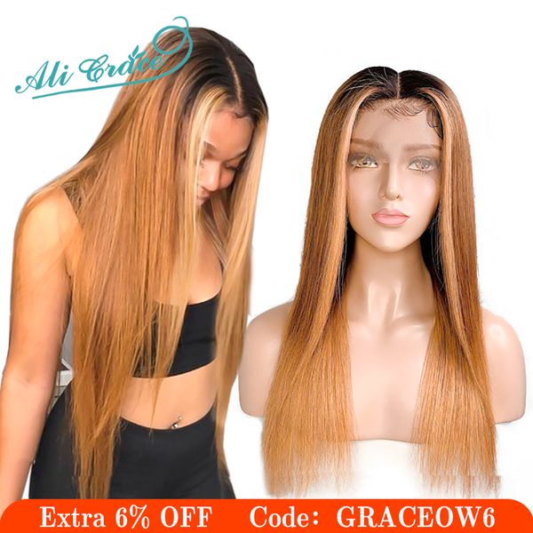 

ali grace 13x6 ombre lace front wigs 1b/6/27 brazilian straight human hair wigs pre plucked hairline with baby hair remy, Black;brown