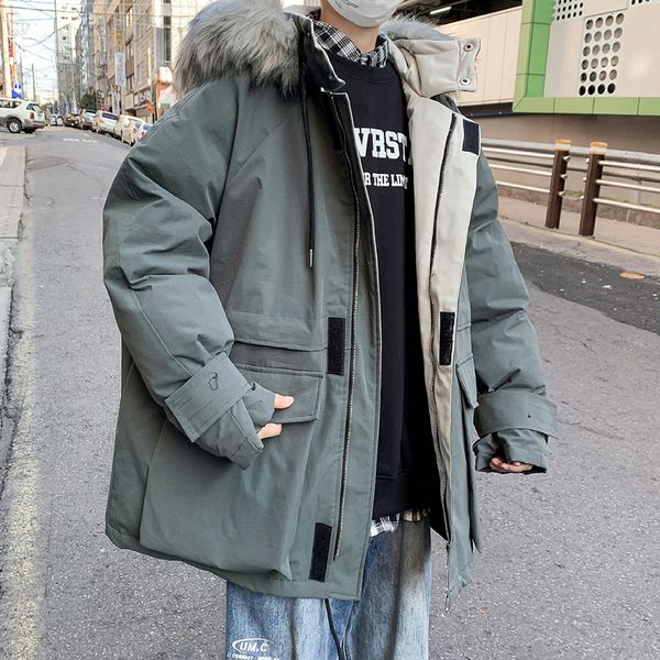 

winter thick large pocket tooling jacket men's warm parka men fashion casual fur collar hooded coat man loose cotton jacket, Black