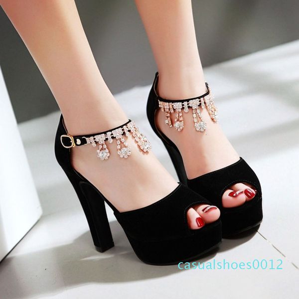 

designer-e rhinestone chain thick heel platform sandals women designer sandals come with box 12c, Black