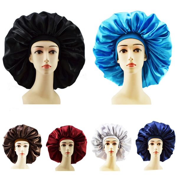 

women sleeping hat nightcap solid color new soft silk wide-brimmed elastic headband shower cap satin long hair care bonnet hats, Yellow