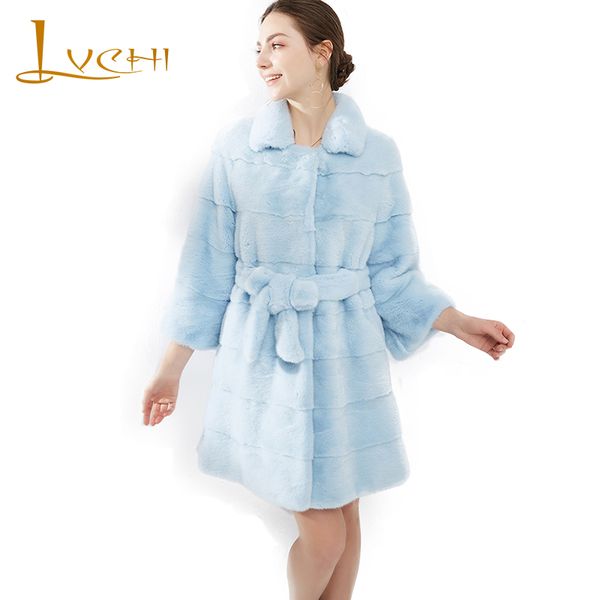 

lvchi зима 2019 дания импортировала лебедь бархат норка женская натуральная натуральная шуба девять четвертей пояса тонкие средние пальто, Black