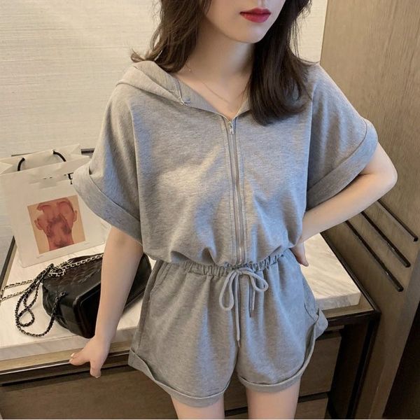 

women's summer black grey jumpsuit shorts casual loose short sleeve playsuits female rompers pockets overalls, Black;white