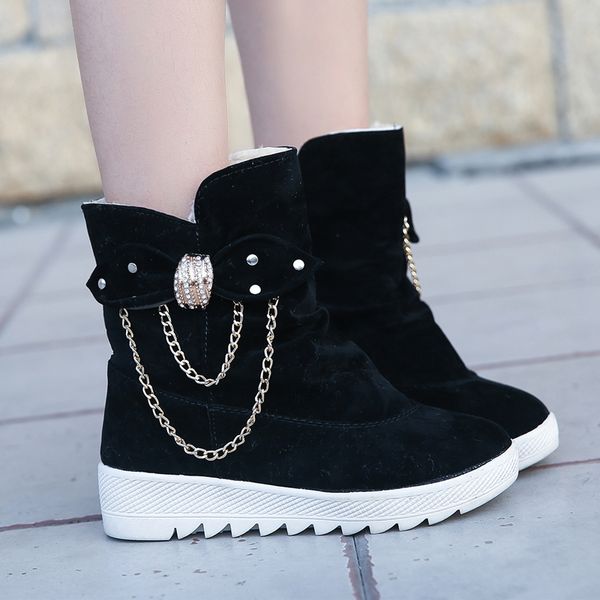 

sfit new women chain warm snow boots female casual round toe bow slip on flats ankle boots women mujer zapatos, Black