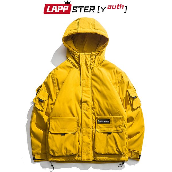 

lappster-youth winter parkas men thick jackets coat 2019 man solid vintage streetwear windbreaker hip hop korean hooded clothes, Black