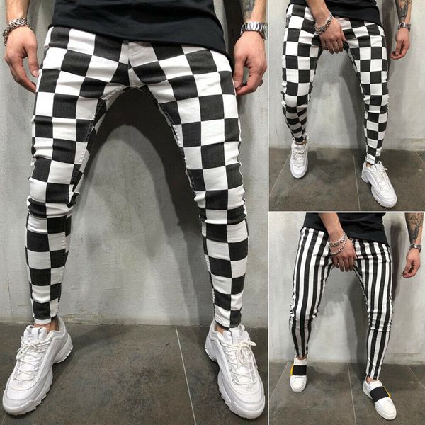 

cool men's fashion slim jogger skinny pencil pants comfortable striped plaid hip hop casual pants s-xxl, Black