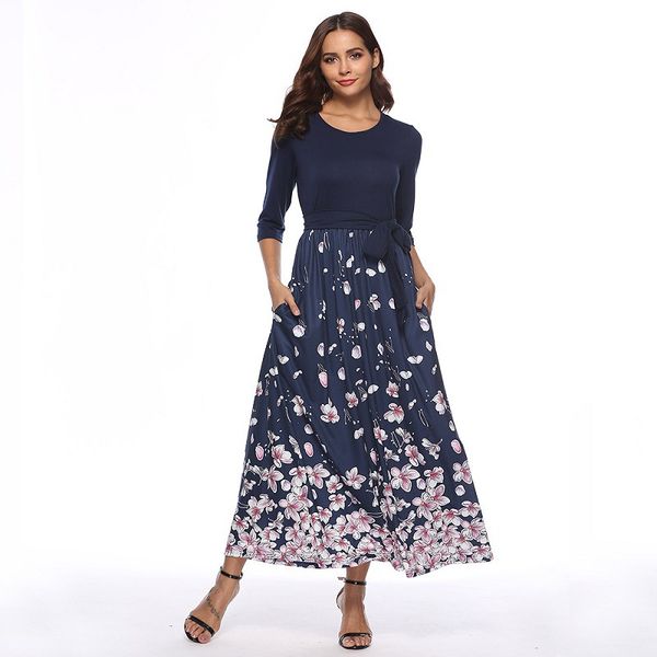 

fashion women flora printed dress autumn winter new round neck seven-point sleeve women's long print dress, Black;gray