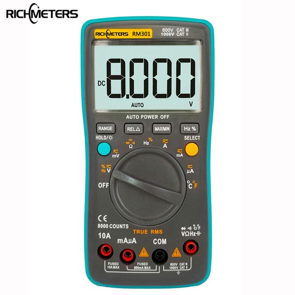 

richmeters rm301 digital multimeter 8000 counts true-rms back light ac dc voltage ammeter current ohm auto/manual