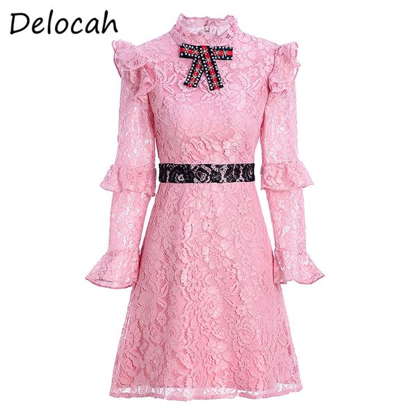 

delocah spring summer dress fashion designer women flare sleeve gorgeous beading ruffles female slim short dresses vestoidos, Black;gray