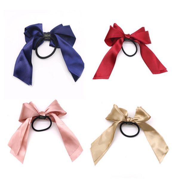 

women rubber bands tiara satin ribbon hair bow elastic hair band rope scrunchies ponytail holder gum for girls hair accessories dhl fj467, Slivery;white