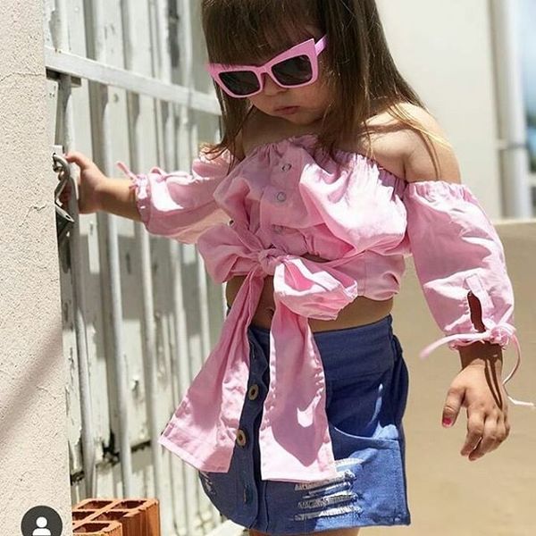 

fashion kids baby girls clothes off shoulder + ripped denim skirts set, White