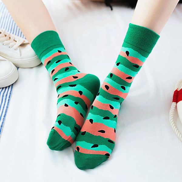

cute cartoon fruit print watermelon cantaloupe shrimp girls kawaii socks meias korean harajuku embroidery pile heap funny socks, Black;white