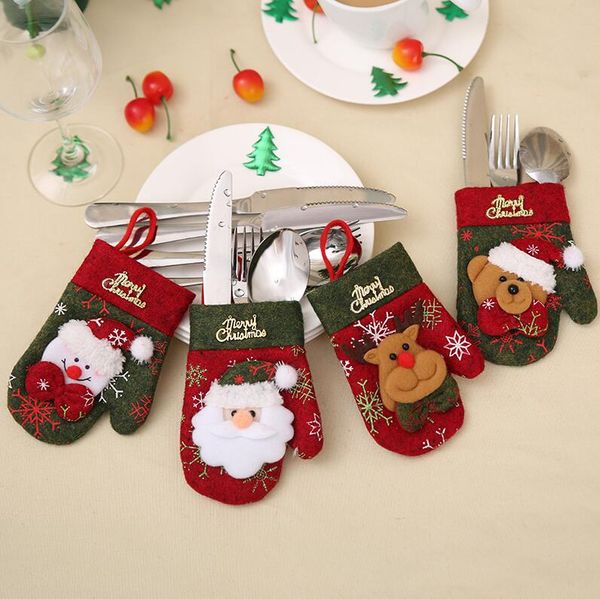 

cartoon christmas gloves silverware holder xmas mini red santa claus cutlery bag party decor cute gift hat tableware holder set