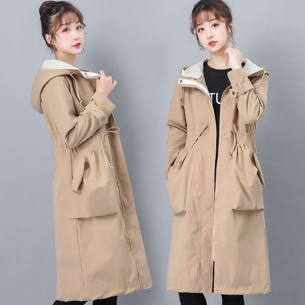 

women's trench coats hooded coat 2021 spring autumn plus size drawstring ladies long over knee windbreaker female overwear w112, Tan;black