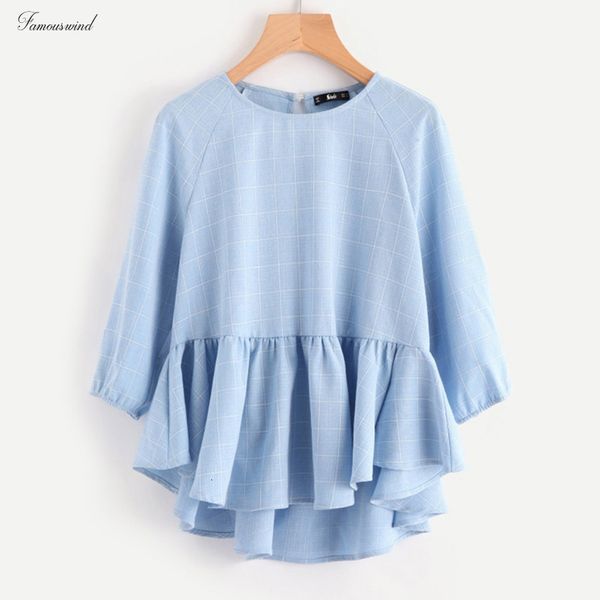 

raglan sleeve ruffle blouse hem grid dip woman plaid blouses autumn blue three quarter length sleeve plaid blouse, White