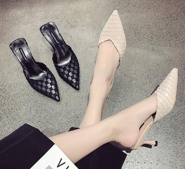 

nice summer new women beautiful grid high heels sandals woman shoes fashion slipper, Black