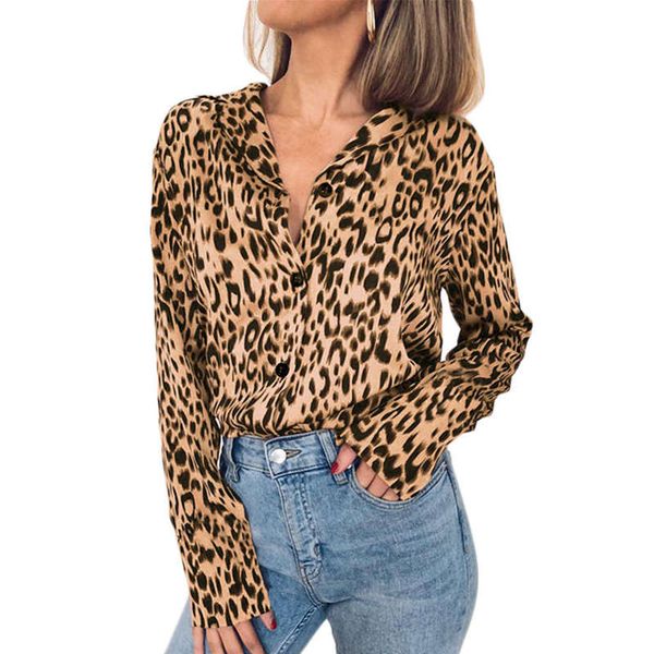 

women autumn fashion leopard print shirt long sleeve v -neck blouse loose chiffon blouse female clothing khaki, White
