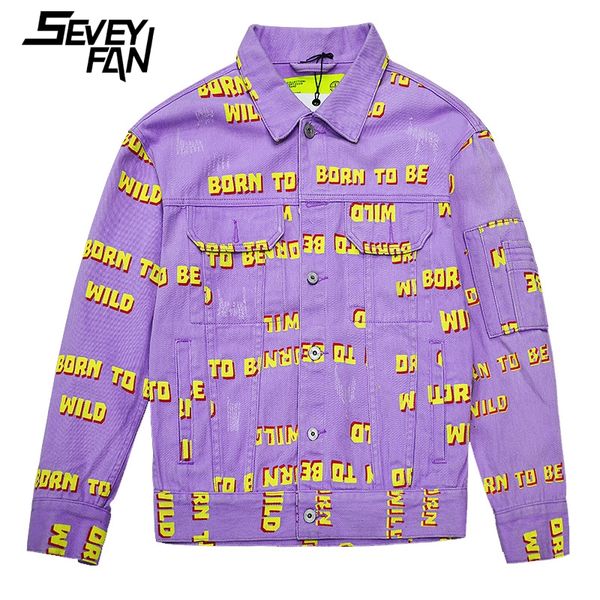 

seveyfan 3d floating letters denim jackets men's purple ripped denim jackets hip hop jacket outerwear for youth, Black;brown