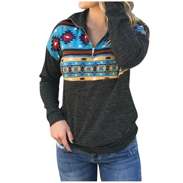 

fashion multicolor printed long-sleeved zipper turtleneck sweatshirt women leisure ethnic style lady outdoor sweatshirts, Black