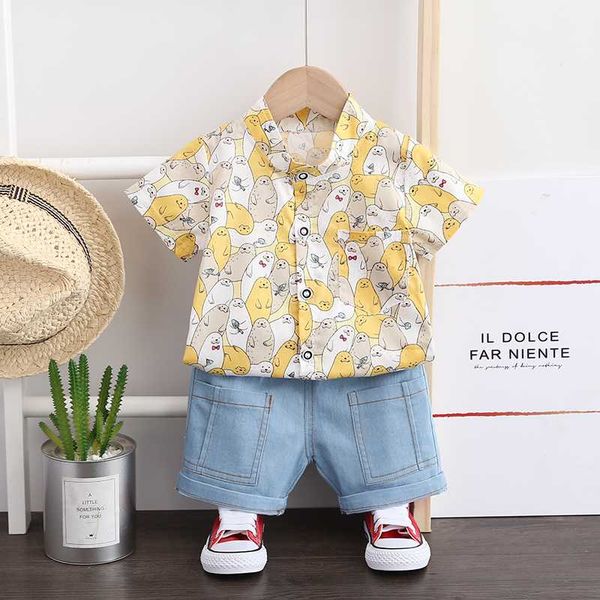

2020 summer baby boys clothing sets infant shorts sleeve full print shirt denim shorts infant clothes children vacation clothing, White