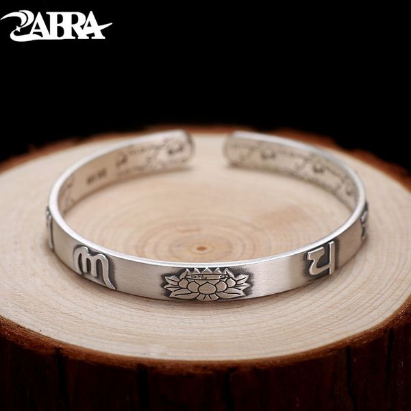 

zabra 999 solid sterling silver buddhism lotus open cuff bracelets for women vintage retro six words silver bangle woman jewelry, Golden;silver
