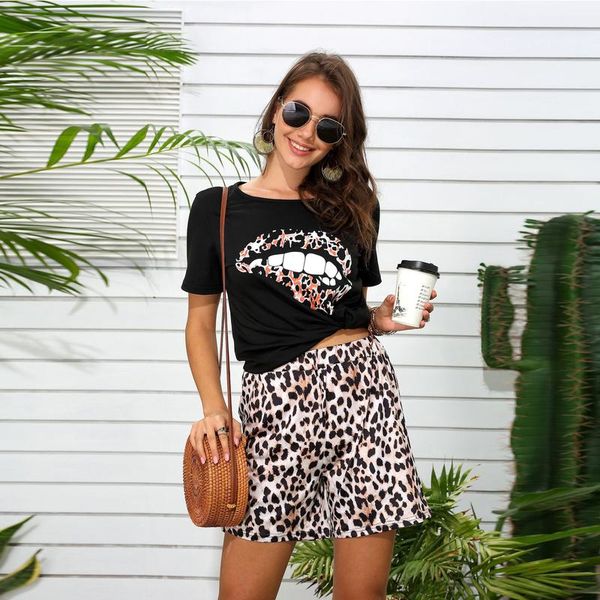 

women's ladies summer casual lips printing short-sleeved t-shirt blouse and leopard shorts pants set girls suit, White